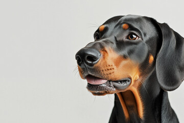 Portrait of black Doberman isolated on white background, Selective focus elegant sit dog on white background.