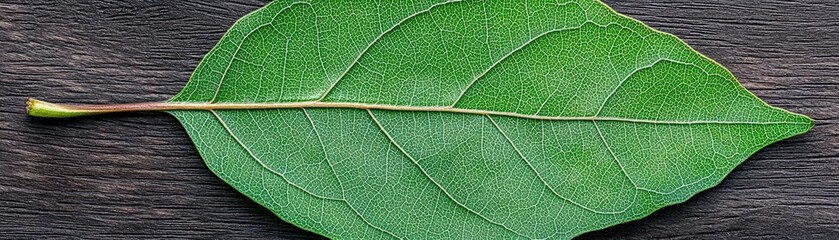 Obraz premium Detailed Close-Up of a Green Leaf on a Wooden Surface with Textured Veins and Structure