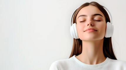 Naklejka premium Young redhead woman with closed eyes relaxing in wireless headphones. Copy space.
