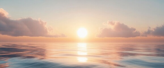 Fototapeta premium Serene sunset over calm ocean waters with soft clouds in the sky.