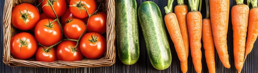 A basket of tomatoes alongside cucumbers and carrots on a wooden surface.