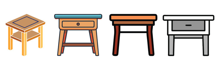 Set of Tables and Nightstands in Various Styles, Vector illustration of four table and nightstand designs, showcasing colorful and minimalist styles with drawers and unique leg structures for modern i