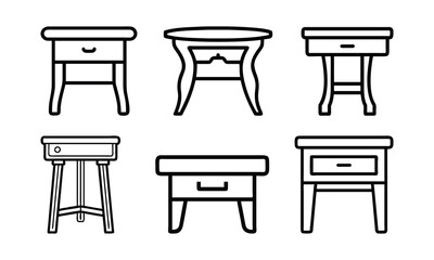 Line Art Nightstand and Table Designs, Black and white line art illustration of six nightstand and table designs, showcasing a variety of shapes, drawers, and leg styles for versatile interiors.
