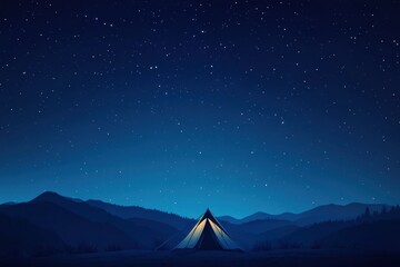 Relaxing night under a starry sky with a tent nestled in the mountains and surrounded by nature. Generative AI