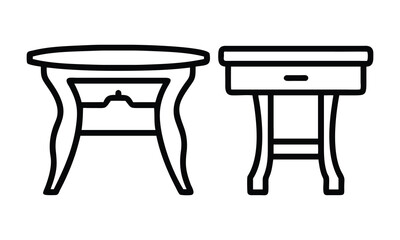 Line Art Table Designs Illustration, Black and white line art illustration of two table designs, featuring classic and minimalist styles with curved and straight legs for versatile interiors.
