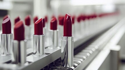 Red Lipsticks on a Conveyor Belt in a Factory