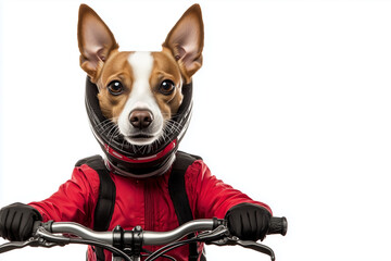 Portrait of biker dog with motorbike isolated on white background, Selective focus dog riding a motorcycle on white background.