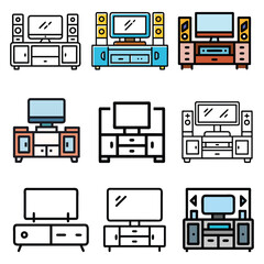 Set of Entertainment Center and TV Console Designs, Vector illustration featuring nine entertainment center and TV console designs in a mix of colorful and black-and-white line art, showcasing modern 