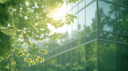 Sunlight Through Green Leaves Near Modern Glass Building