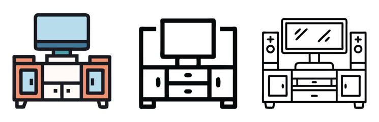 TV Console Designs in Color and Line Art, Vector illustration of three TV consoles with storage compartments and screens, shown in colorful and black-and-white line art styles for home setups.
