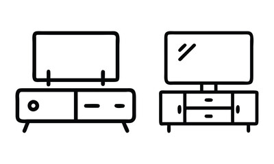 Minimalist TV Stand Line Art Illustration, Black and white line art illustration of two minimalist TV stands with modern designs, featuring storage cabinets and sleek layouts.
