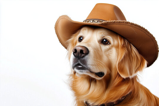Portrait of dog with cowboy hat isolated on white background, Selective focus golden retriever dog with sheriff hat on white.
