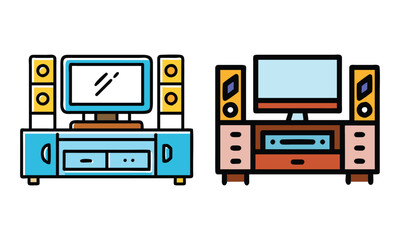 Colorful Entertainment Center Vector Illustration, Vector illustration of two colorful entertainment centers featuring TVs, speakers, and storage compartments, perfect for modern home setups.
