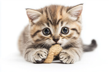 Obraz premium Portrait of kitten with cat toys isolated on white background, Selective focus cat with wool ball on white.