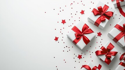 Colorful Gift Boxes With Red Ribbons and Festive Stars Arranged on a White Background for Holiday Celebrations