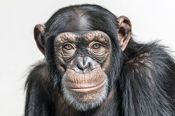 Naklejka premium Portrait of chimpanzee with black hair isolated on white background, Selective focus smile monkey on white.