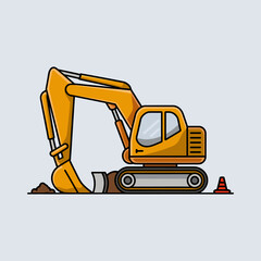 A vibrant, cartoon-style illustration of a yellow excavator digging.