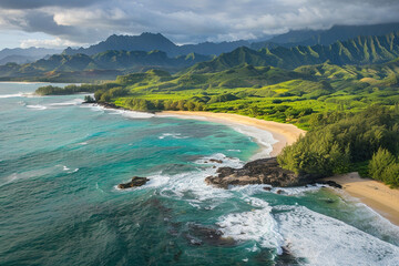 Aerial view of coastline with sandy beach, turquoise waves, lush greenery, and wetlands under a cloudy sky.