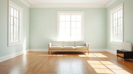 Serene Living Room Interior with Hardwood Floors and Sunlight Streaming Through Large Windows