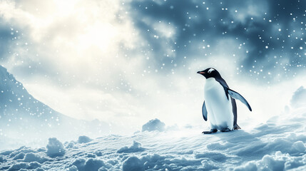 Obraz premium Penguin standing in snow under dramatic cloudy sky