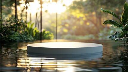 Tranquil Reflection Pool Surrounded by Lush Greenery at Sunset