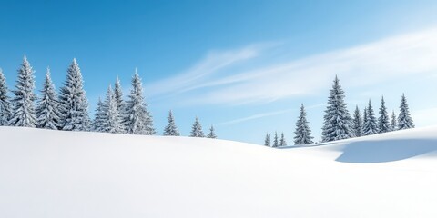 Fototapeta premium Snow-Covered Winter Landscape Featuring Silhouetted Evergreens Against a Deep Blue Sky, Evoking Serenity and the Beauty of a Frozen Wilderness