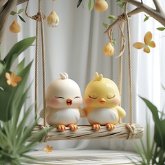 Two adorable cartoon-style birds sitting on a wooden swing, surrounded by hanging flowers and greenery. A cheerful and whimsical nature-inspired scene.