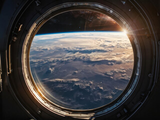 Fototapeta premium View of Earth’s horizon through a spacecraft window, with sunlight illuminating the station’s frame and soft clouds below. Generative AI