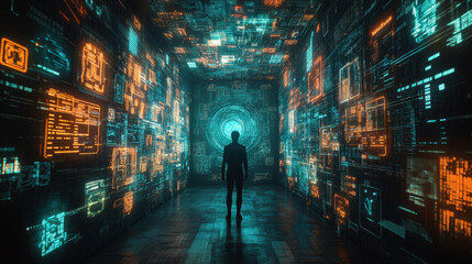 3000s, A figure stands in a futuristic digital corridor filled with glowing data displays, creating a captivating atmosphere of technology and exploration.