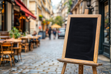 Ardoise noire vide posée sur un chevalet dehors devant un restaurant dans une rue pavée pour menu