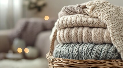 Stack of knitted sweaters in wicker basket on table