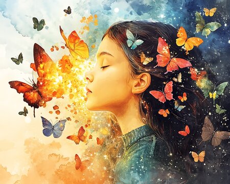 Starseed, Ethereal Watercolor Starseed Surrounded by Butterflies