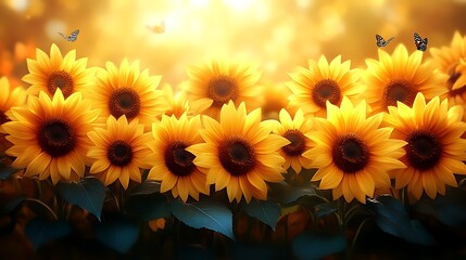 Fototapeta premium Sunlit sunflowers and butterflies.