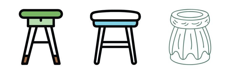 Set of Unique Stool Designs in Color and Line Art, Vector illustration of three unique stool designs, including colorful and line art styles, featuring creative shapes for modern furniture concepts.
