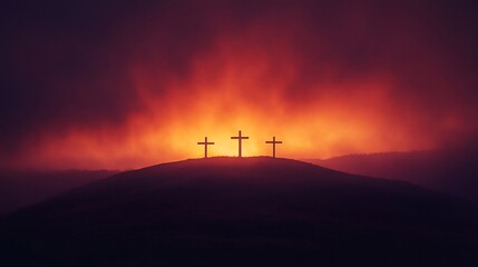 Three crosses silhouetted against a dramatic, fiery sunset on a hilltop.