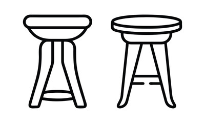Minimalist Stool Designs in Line Art, Black and white line art illustration of two stools with curved legs and round seats, showcasing simple and elegant furniture designs.
