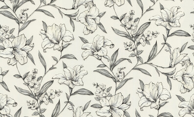 Fototapeta premium Dusty light Floral seamless pattern Flower background Floral tile ornamental texture with flowers Spring flourish garden For light leaf and white flower.