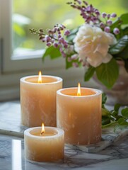 Lit candles on a marble surface with a soft-focus background of green foliage and flowers.