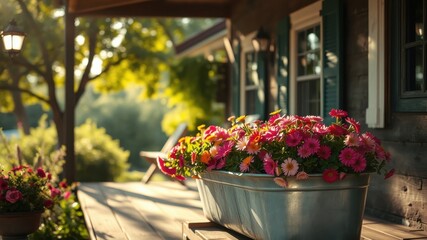 Rustic porch setting with vibrant flowers in a galvanized metal planter bathed in warm sunlight