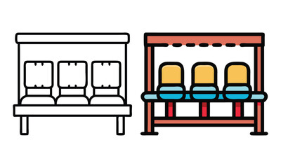 Seating Bench in Line Art and Color, Vector illustration of a seating bench shown in two styles: black and white line art and colorful design, ideal for public or waiting areas.
