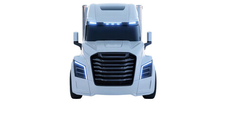 Isolated view of the front right corner of a modern white European-style cargo truck.