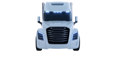 Isolated view of the front right corner of a modern white European-style cargo truck.