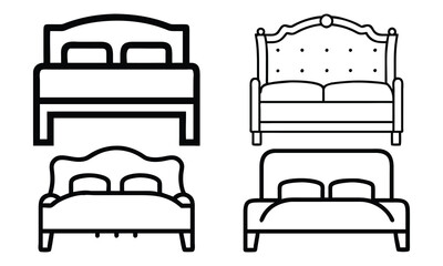 Line Art Bed and Sofa Design Set, Black and white line art illustration of four furniture designs, including elegant beds and a tufted sofa, perfect for interior design concepts.
