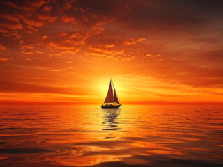 A striking silhouette of a sailboat against a radiant orange sunset over calm waters, reflecting the warm glow of the sun. Generative AI