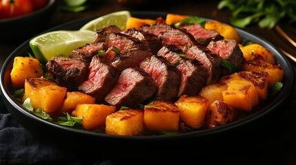 Grilled steak with roasted butternut squash.
