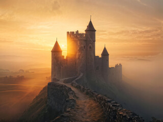 Obraz premium A majestic ancient castle emerging from dense morning fog, bathed in soft golden sunlight, creating a mystical and serene atmosphere. Generative AI.