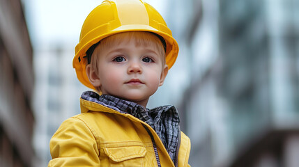 Portrait of cute little toddler boy wearing yellow hard hat or helmet, copy space, male child or kid industry business engineering service, architect or builder job, professional employee, son, future