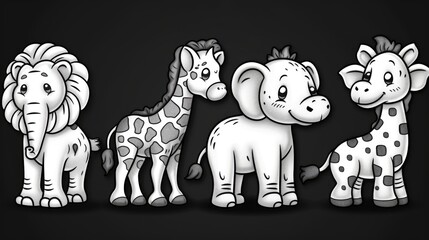 A group of cute, cartoon-style animals including a lion, giraffe, elephant, and another giraffe.