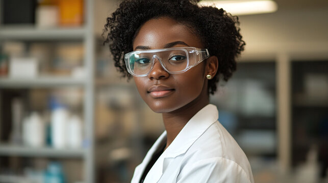 Portrait of young black african american scientist wearing protective glasses, standing in a laboratory interior. chemist professional, medical experiment and research, copy space, specialist.