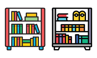 Colorful Bookshelves with Organized Books Illustration, Vector illustration of two colorful bookshelves filled with neatly arranged books, ideal for libraries, homes, or study spaces.
